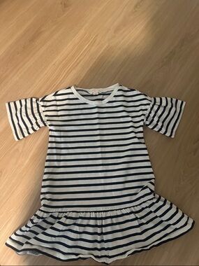 Crewcuts White and Navy Striped Ruffle Hem Dress